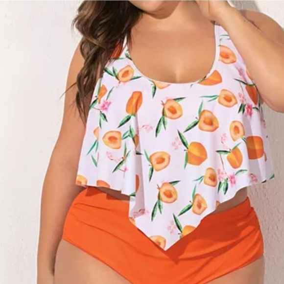 Plus size 2pcs set women biki the very high quality swimming printed ruffle peac - Picture 3 of 8